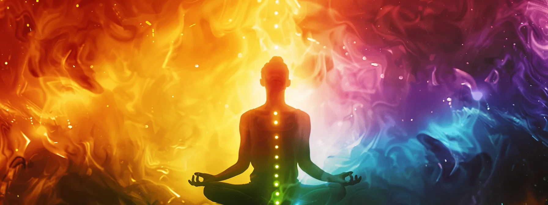 a person surrounded by vibrant colors, surrounded by glowing energy centers representing the seven chakras in perfect alignment, symbolizing harmony and well-being.