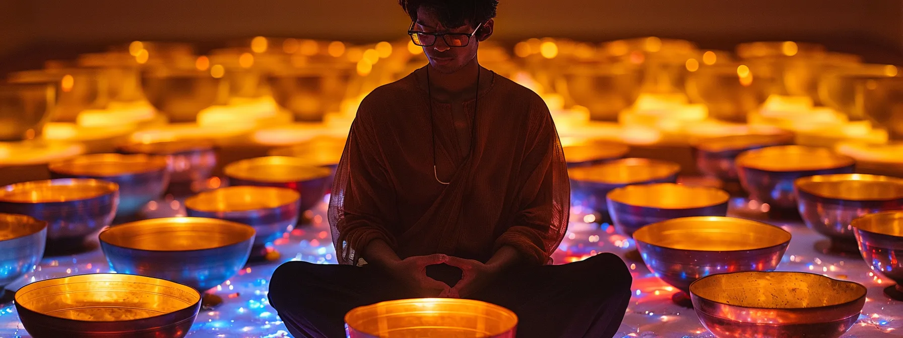 a person surrounded by shimmering singing bowls, chanting mantras with eyes closed during a guided sound healing session.