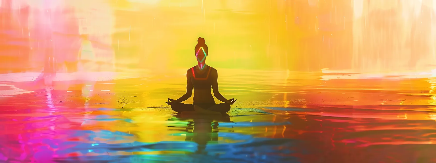 a serene figure surrounded by vibrant colors, radiating inner peace and balance through chakra-focused yoga practice.