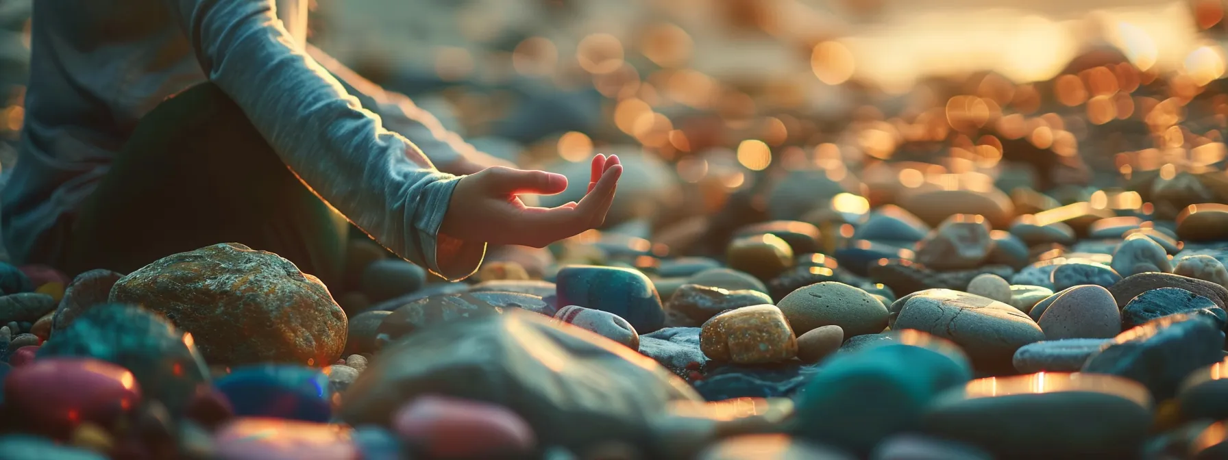 a serene image of a person meditating with colorful stones placed around them, representing the balance and alignment of chakras in the body.