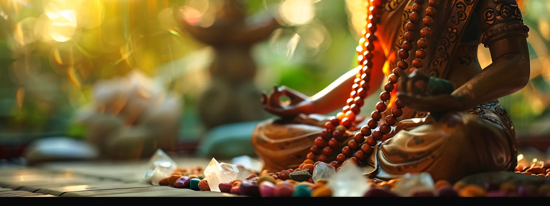 a serene individual meditating in a peaceful setting, adorned with rudraksha beads for chakra alignment, surrounded by calming quartz crystals.