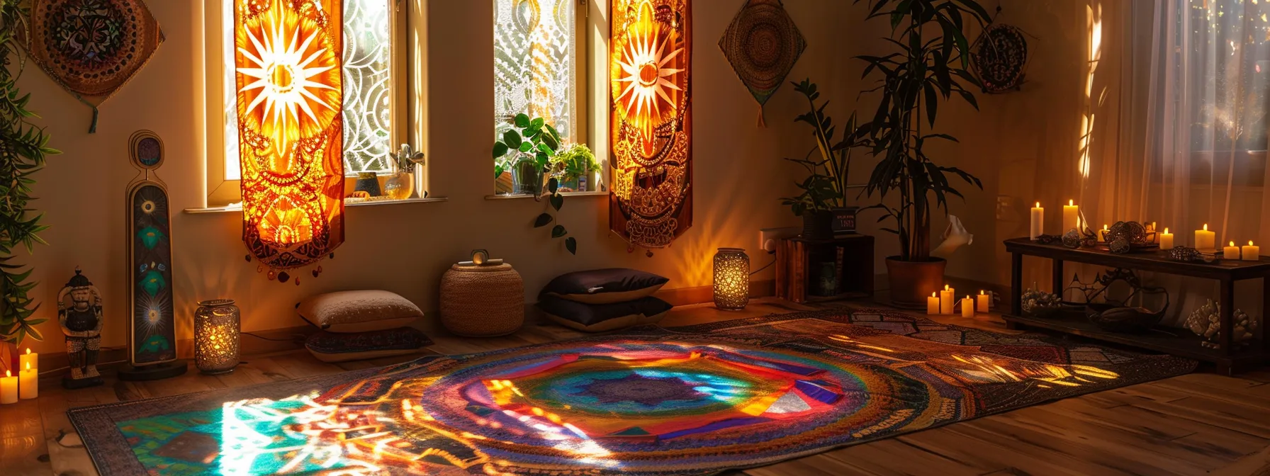 a serene meditation space adorned with colorful mandalas and crystals, creating a peaceful atmosphere for diving into the study of chakras and energy flow.