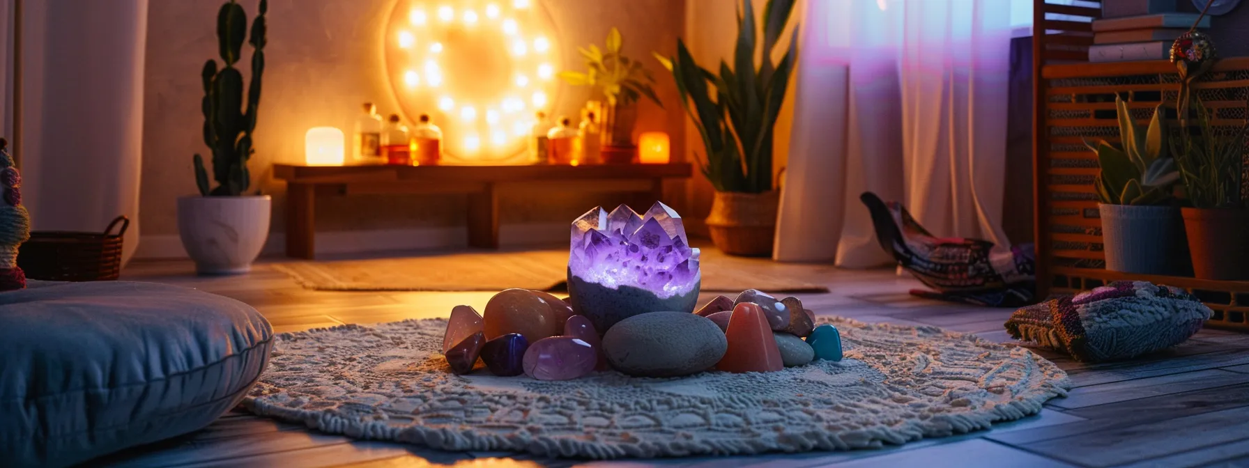 a serene meditation space adorned with vibrant chakra crystals, calming essential oil diffusers, and soothing sound healing instruments.