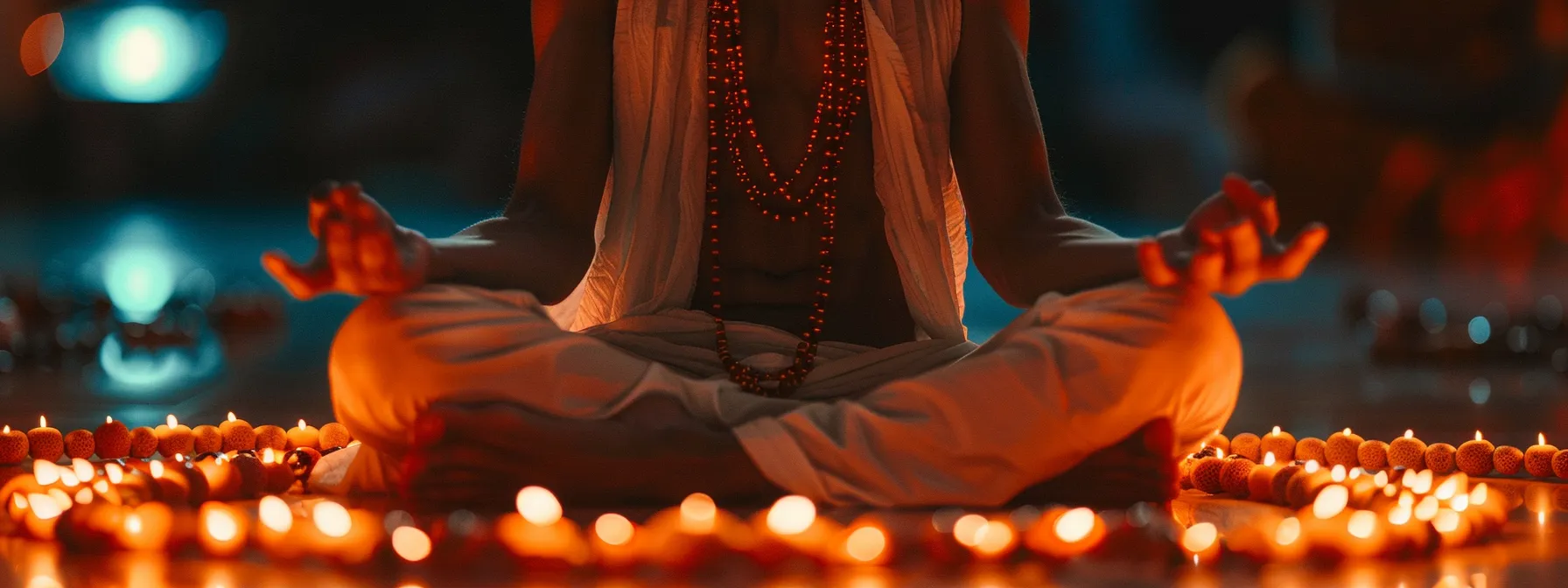 a serene meditator surrounded by glowing rudraksha beads, radiating positive energy and mindfulness.