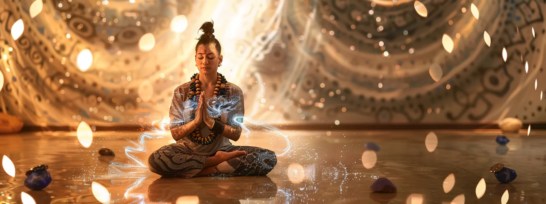 a serene meditator surrounded by swirling energy, adorned with rudraksha beads, lapis lazuli, and crystals, symbolizing the awakening of kundalini energy.