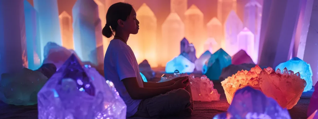 a serene, peaceful room with soft glowing lights, a person sitting cross-legged with closed eyes, surrounded by colorful crystals during a chakra meditation session.