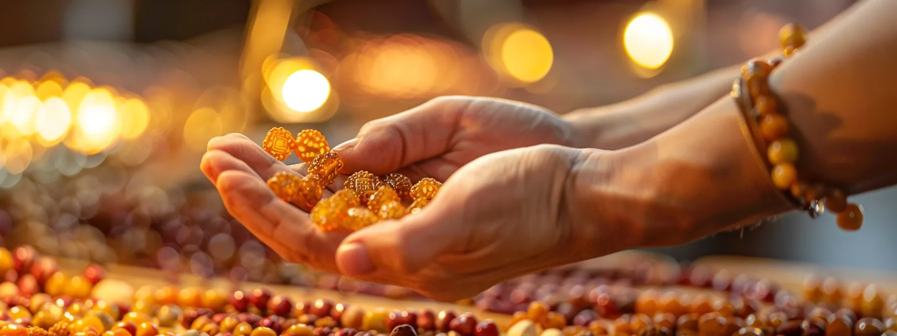 a serene photo of a person carefully selecting a vibrant, translucent rudraksha bead for their chakra alignment.