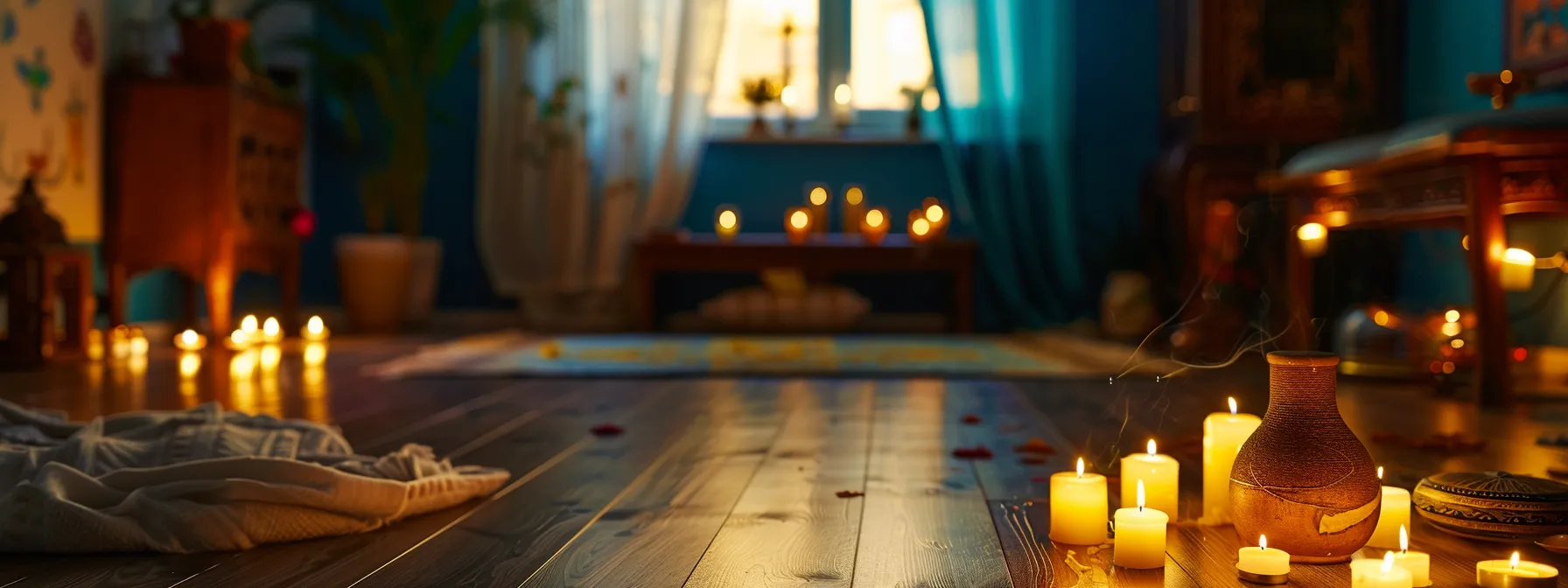 a serene room with flickering candles, fragrant incense, and a traditional hindu mantra playing softly in the background, setting the perfect environment for chakra-balancing meditation.