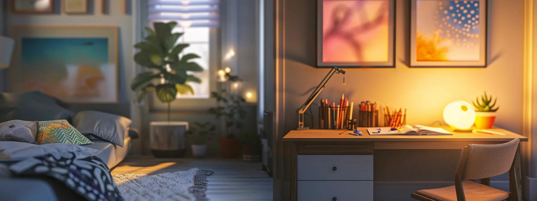 a serene room with soft lighting and calming colors, featuring a cozy corner for meditation and a desk with art supplies ready for creative exploration.