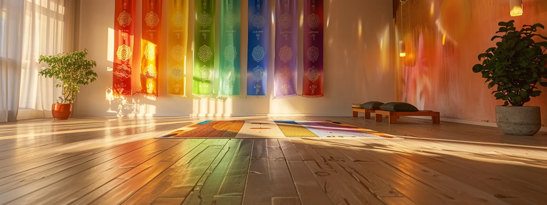 a serene yoga studio with colorful chakra symbols hanging on the wall, creating a peaceful and harmonious atmosphere for energy healing practices.