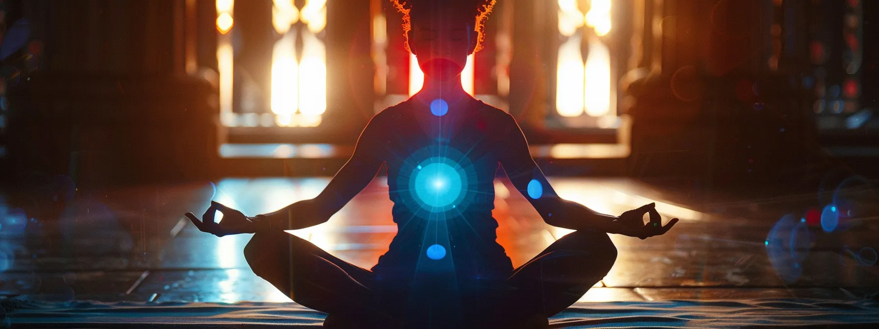 a serene yogi in a vibrant, meditative pose with a glowing energy rising from their root chakra.