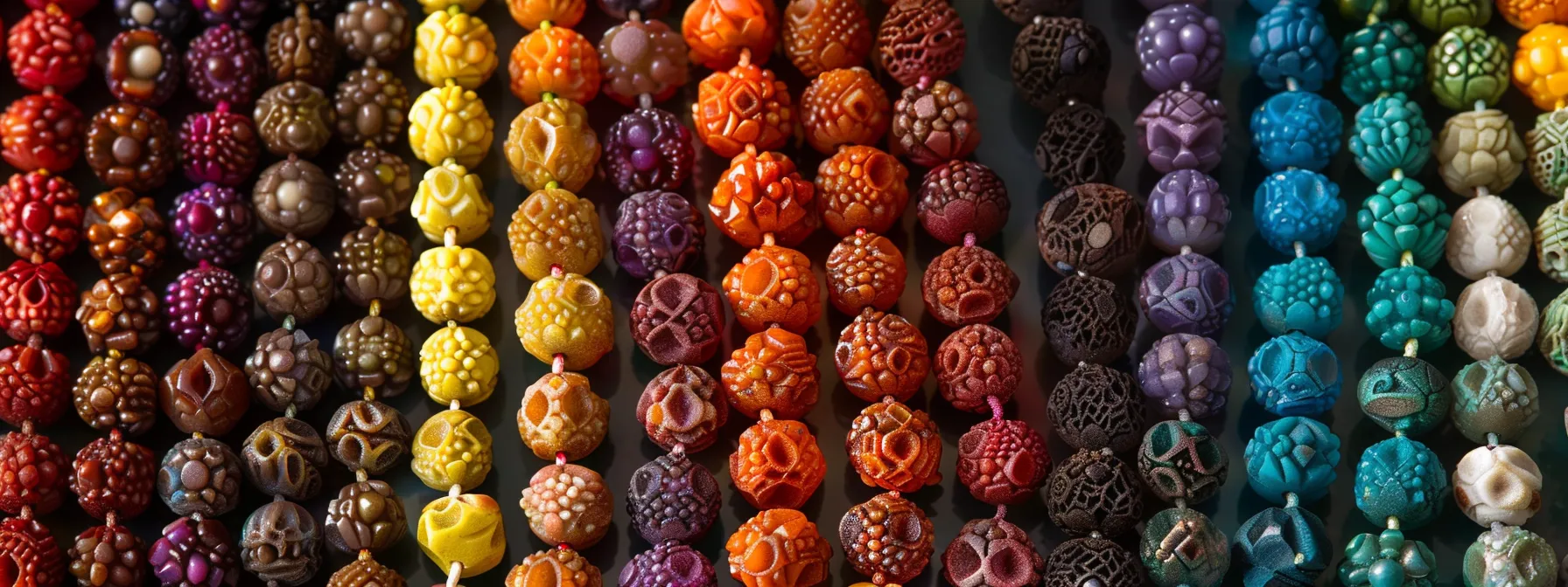 a vibrant array of rudraksha beads in various colors and sizes, each carefully matched to a corresponding chakra, glowing with energy and spirituality.