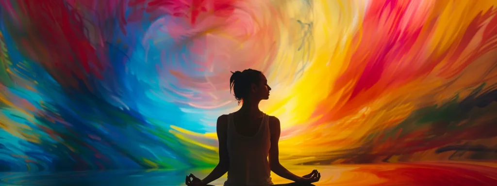 a woman surrounded by vibrant, swirling colors while practicing chakra balancing techniques.