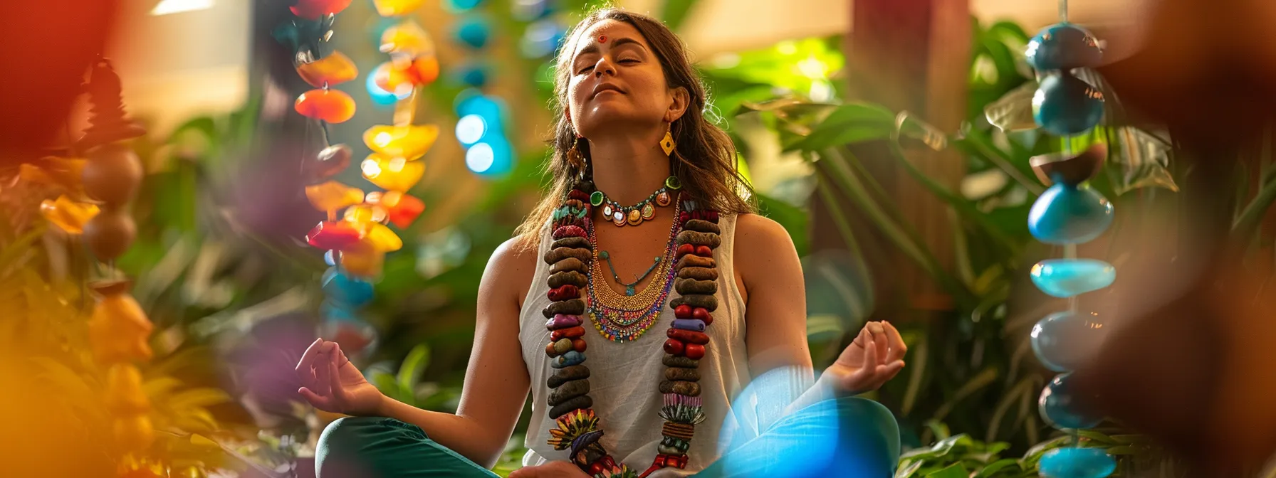 a woman wearing a beautiful rudraksha necklace meditating in a serene setting, surrounded by colorful chakra stones to enhance her healing journey.