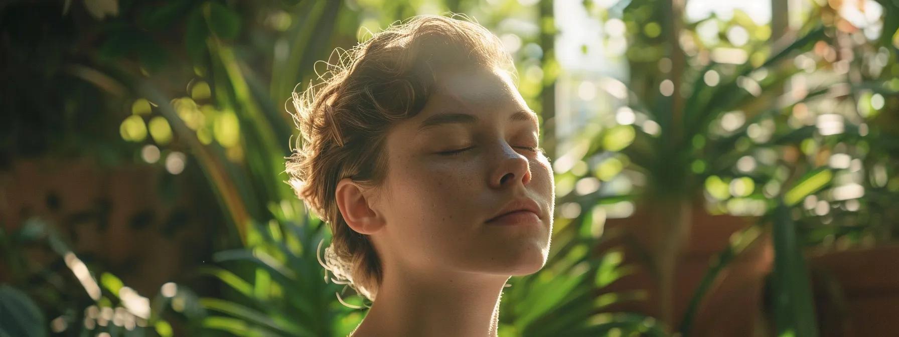 in a serene setting, a person meditates with closed eyes, surrounded by vibrant greenery, exuding a sense of calm and focus while harnessing the power of their subconscious mind.